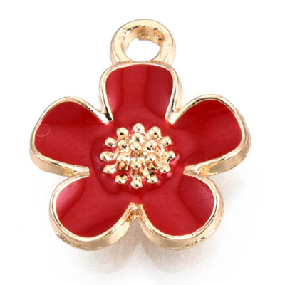 ECH08-RED-1 - Red Enamel Flower Charm/Pendant - light gold 